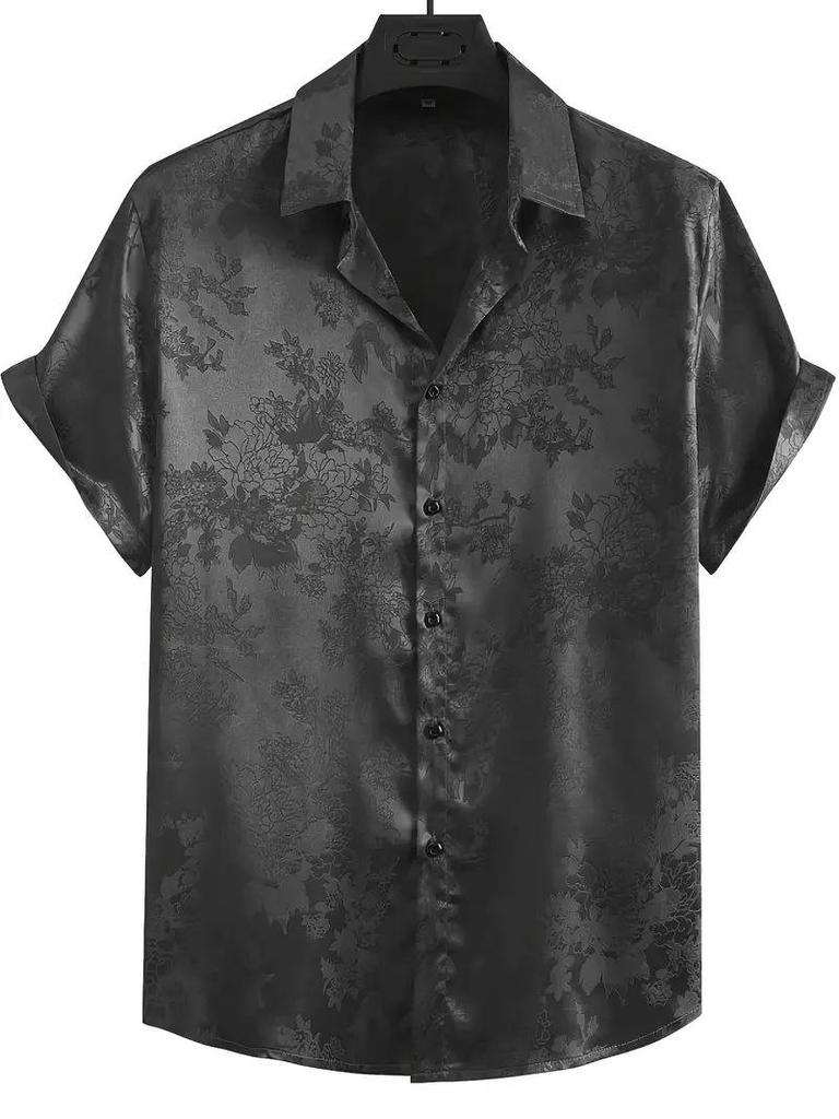 Men's 2025 Fashion Satin Jacquard Short-Sleeve Solid Color Lapel Shirt
