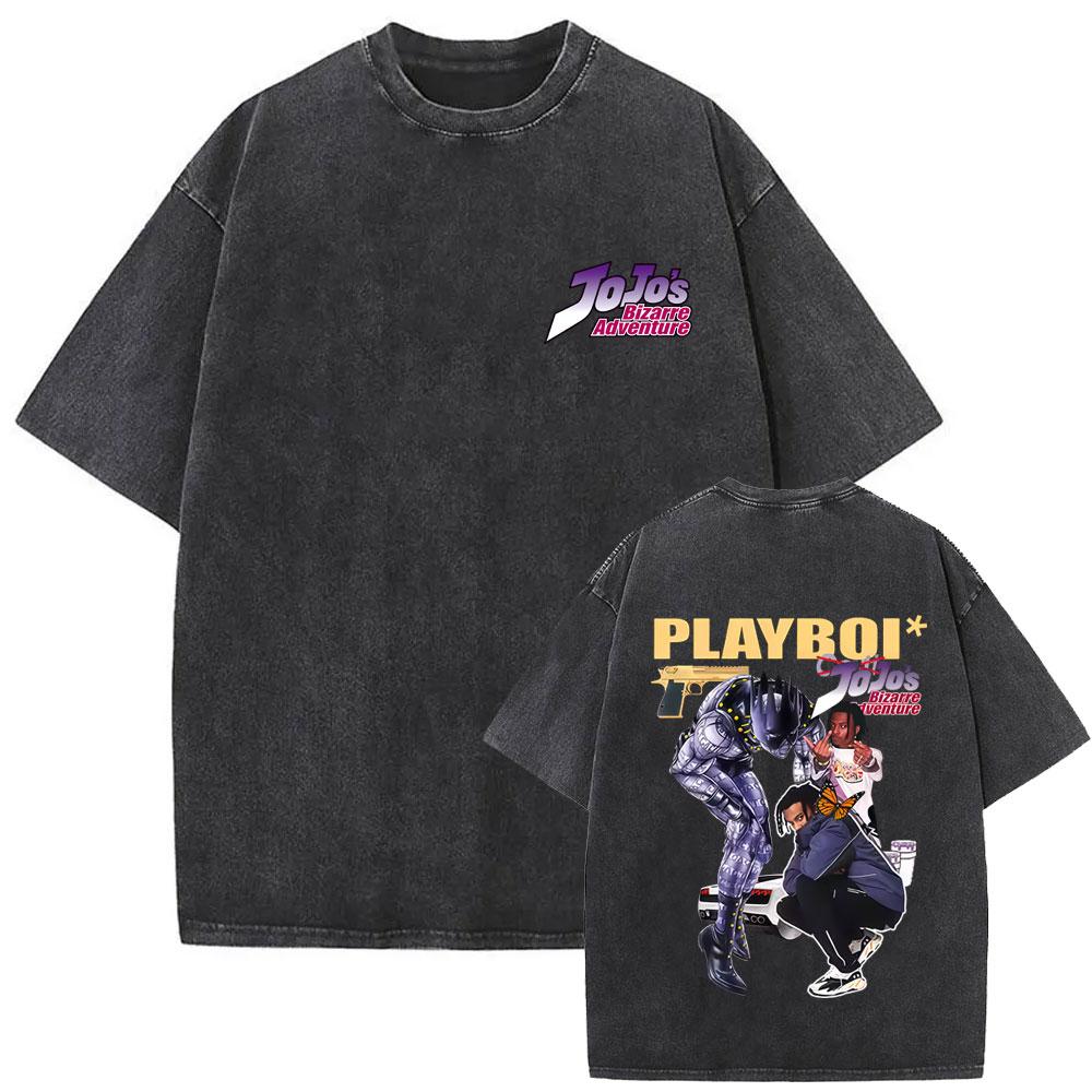 Washed Vintage Anime Jojo Bizarre Adventure Steel Ball Run Diego Brando Graphic Tshirt Men Women Manga Retro Oversized T Shirts