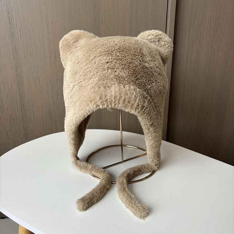 Autumn and winter imitation mink velvet soft ear protector hat to keep warm and show the face small knitted fluffy hat cute bear pullover hat