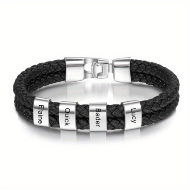 Men's Leather Bracelet Black Braided Leather Cord Name Engraved Bracelet Men's Double Layer Stainless Steel Engraved Bracelet