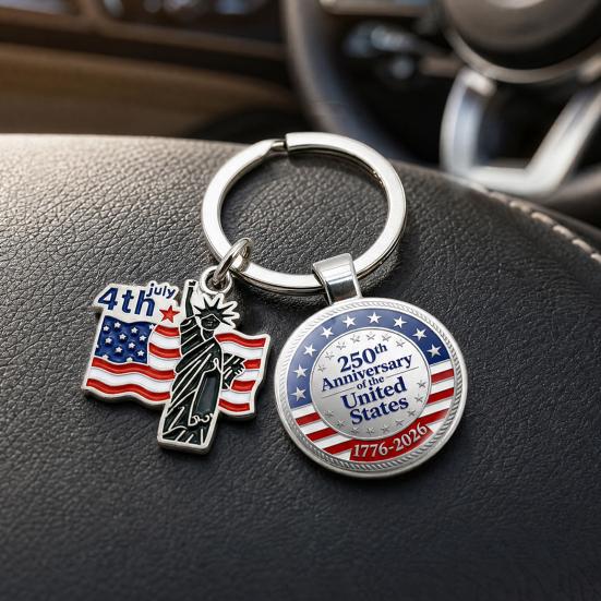 Pendentif Porte-clés, Porte-clés Double Pendentif Combiné, Porte-clés pour le 250e Anniversaire de la Fondation des États-Unis avec Anneau Métallique Épaissi