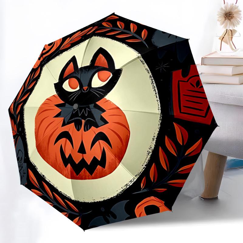 

1pc Halloween Pumpkin Cat Automatic Open/close Folding Umbrella, Compact Portable Travel Umbrella, Perfect Birthday/Christmas, (as the picture,Iron&8K)