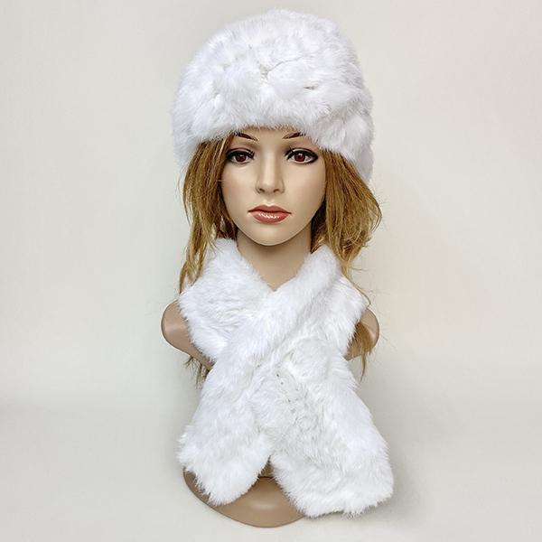 Winter Warm Rabbit Fur Hat Scarf Set Natural Fur Knitted Shawl High Elastic Women Beanie