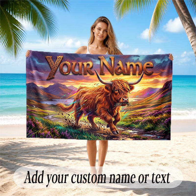 Highland Cow Theme Quick Dry Beach Towel Custom Name Text Print Large Sand Resistant Towel Beach Vacation