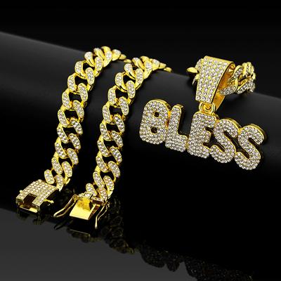 Hip Hop Letter BLESS Pendant Necklace for Women Men Shiny Rhinestones 13MM Cuban Chain Crystal Necklaces Fashion Jewelry Gifts