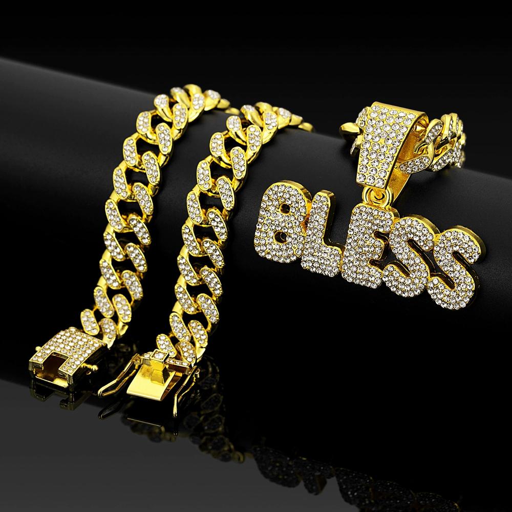 Hip Hop Letter BLESS Pendant Necklace for Women Men Shiny Rhinestones 13MM Cuban Chain Crystal Necklaces Fashion Jewelry Gifts