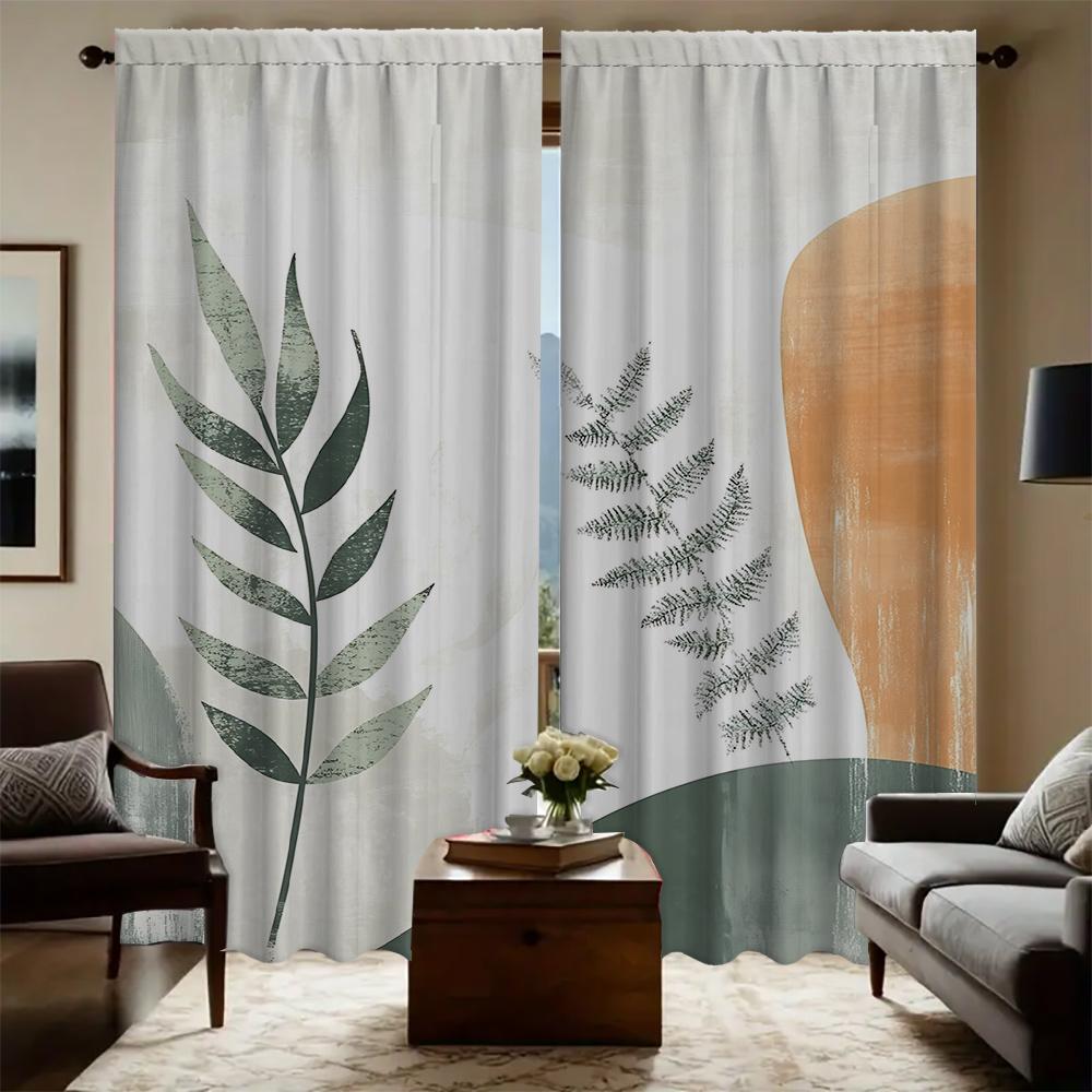 2PC Home Nostalgic geometric leaves Curtains With Landscape Background And Pole Pocket Curtains, Kitchen, Coffee Shop