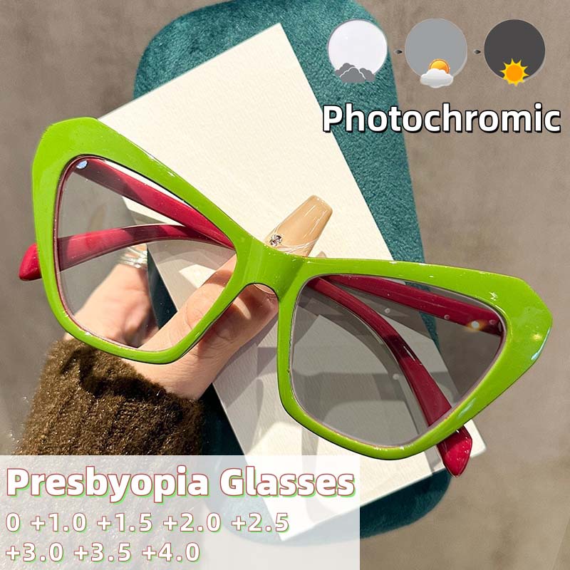 2025 New Fashionable Photochromic Presbyopia Glasses Cat's Eye Large Frame Street Photography Anti Blue Light Glasses