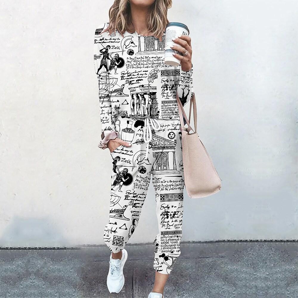High-End Fashion Sports Sweater Set Women'S Autumn Loose Casual Long-Sleeved Printed Top Bundle Leg Pants Two-Piece Set