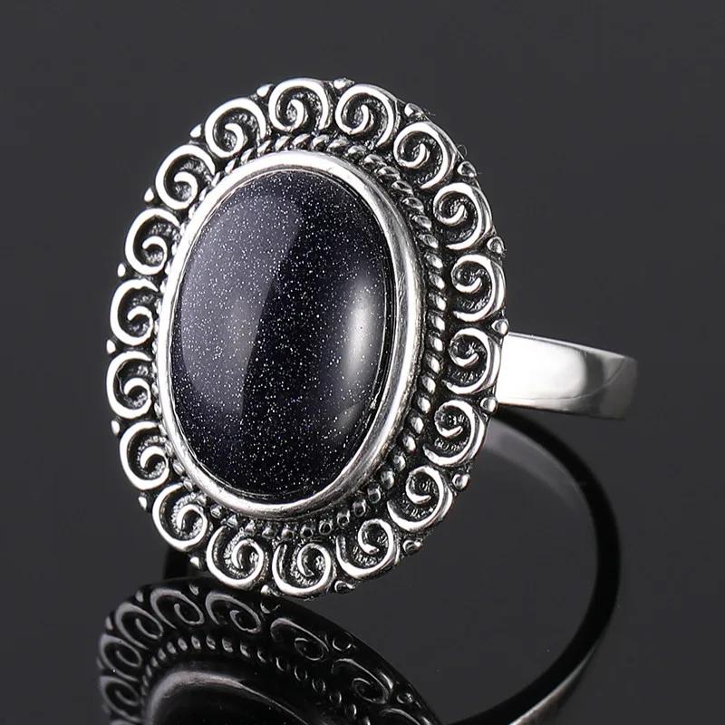 Charms 10x14MM Blue Sandstone Rings Women's CopperJewelry Ring Vintage Anniversary Party Gifts For Women