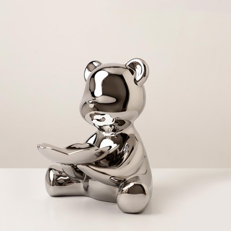 

20см Керамическая Фигурка Медведя Домашнее Украшение Статуэтка Животного Полка для Хранения Ключей Современная Комнатная Скульптура Настольный Декор Статуэтки Украшения серебряный