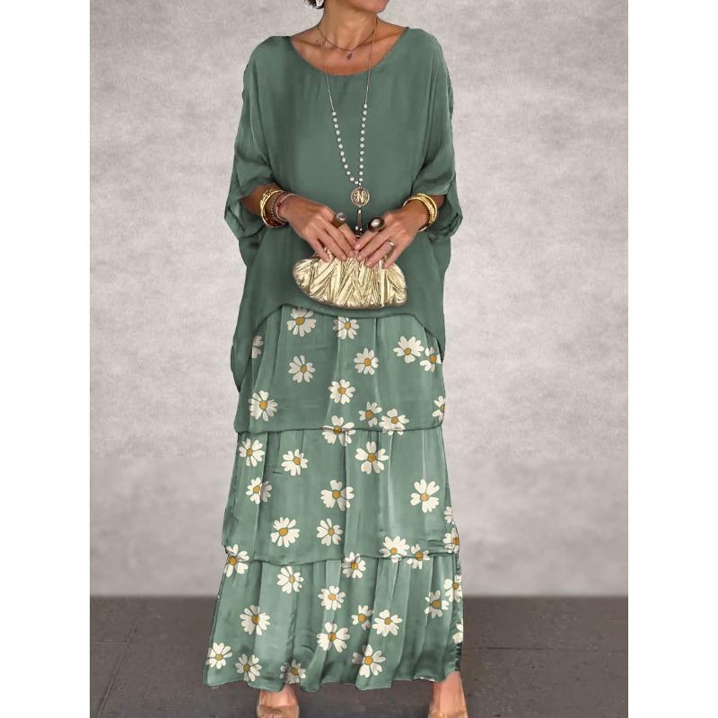 Women's Elegant Solid Color Chiffon Batwing Sleeve Round Neck Tiered Ruffle Maxi Dress Casual Long Gown