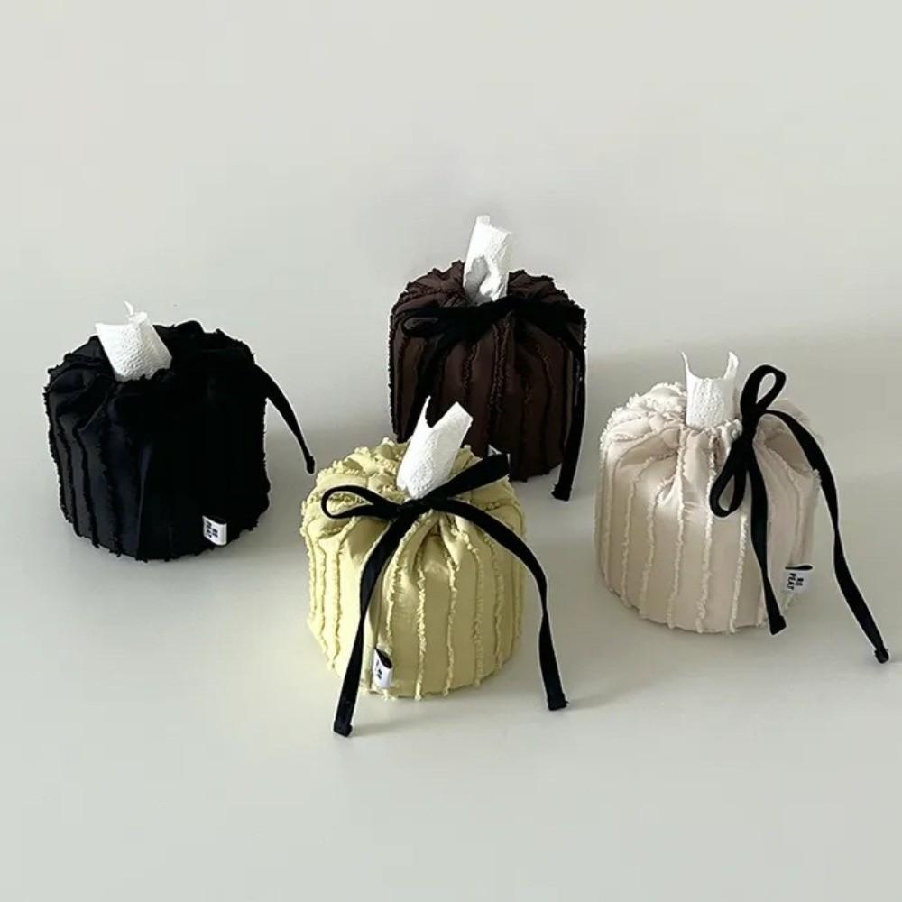 Practical Ribbon Drawstring Tissue Bag Adjustable Solid Color Fabric Tissue Box Practical Paper Towel Holder Home Decoration