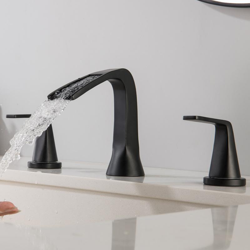 Dumb Black Double Handle Three Hole Waterfall Bathroom Basin Tap Mix Hot And Cold Water Wash Table Basin Faucet Sink Faucet