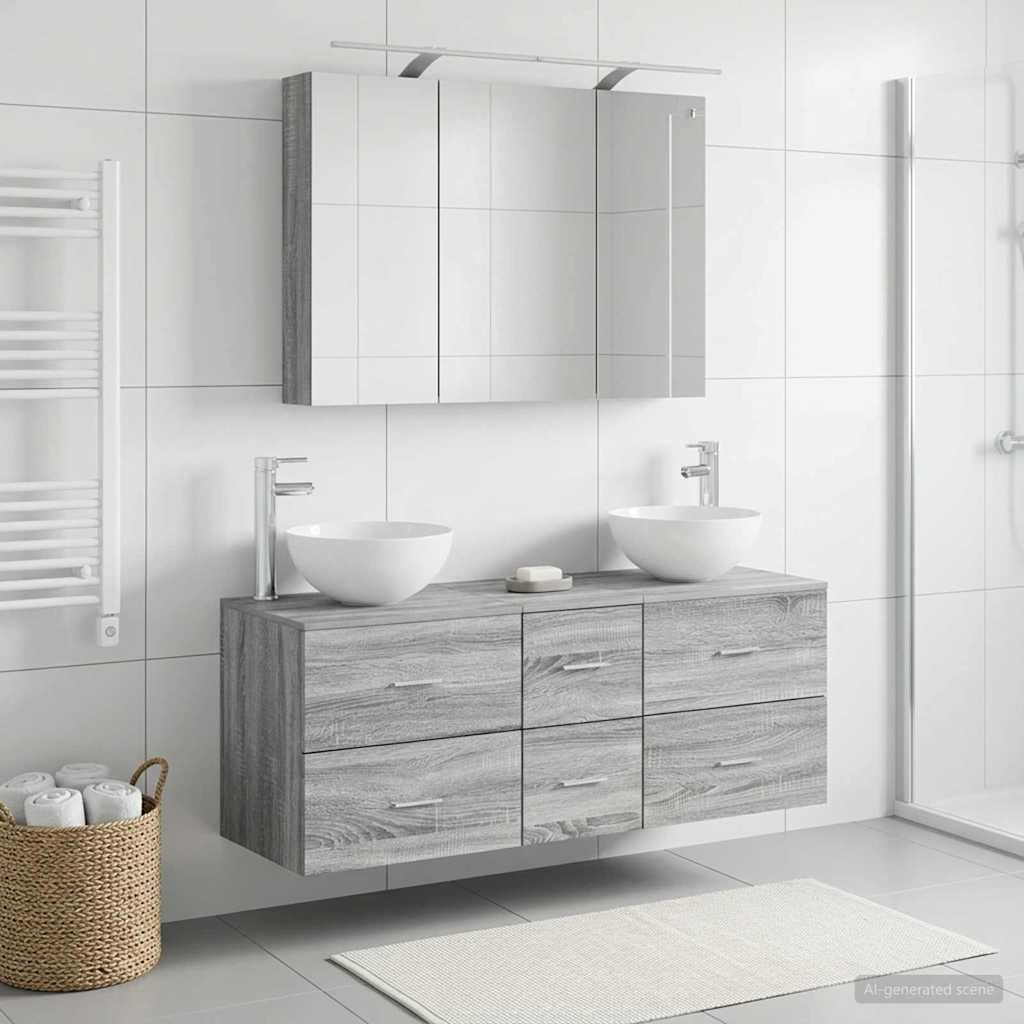 Bathroom Furniture Set 4 Pcs Grey Sonoma Engineered Wood and Glass