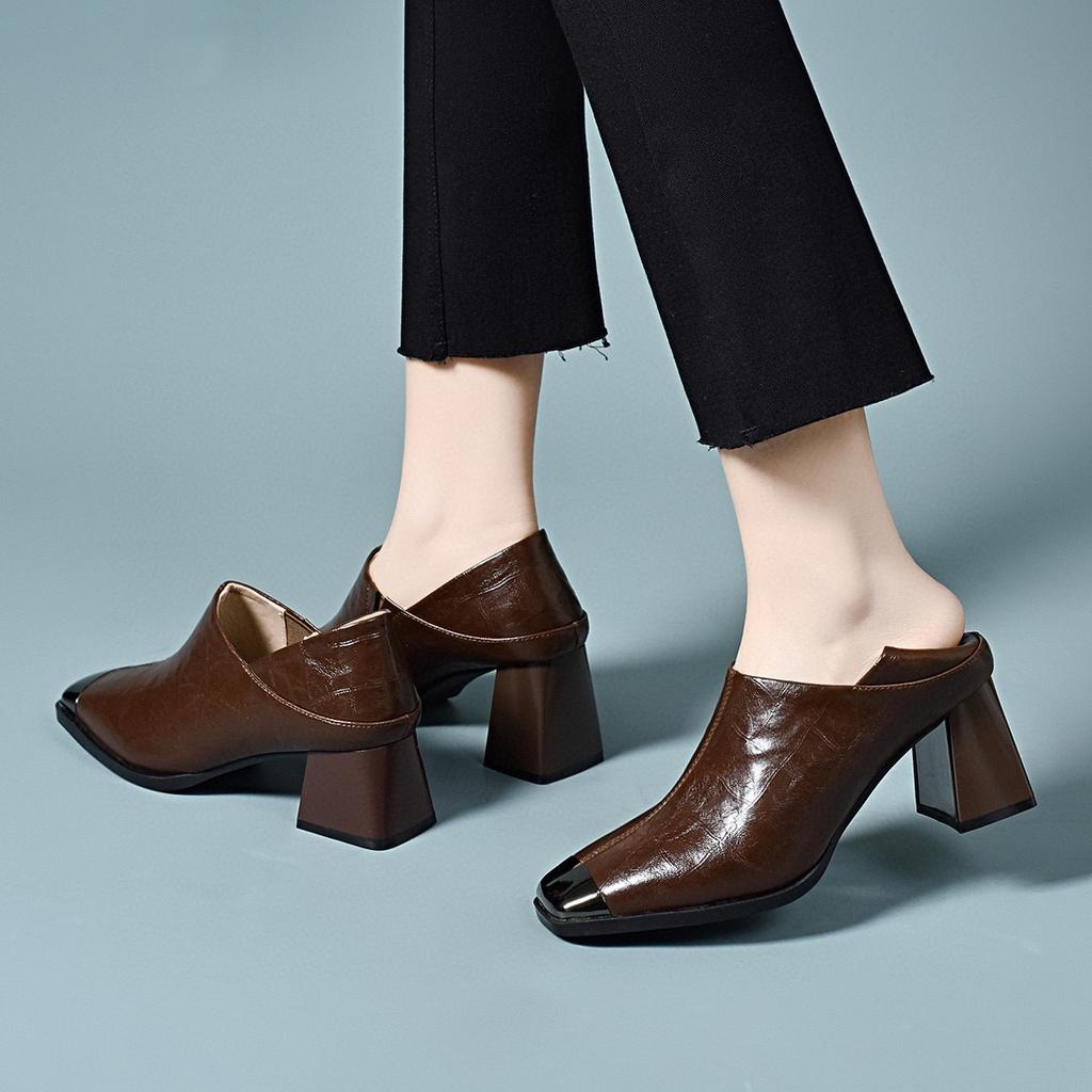French temperament single shoes women's 2025 spring new iron bag head square head deep mouth women's shoes one shoe two wear women's high heels
