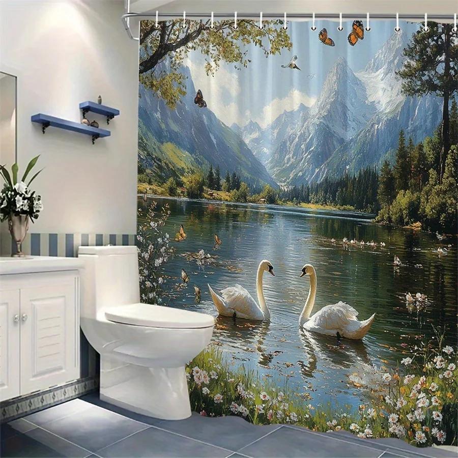 1Pc Alpine Swan Shower Curtain - Serene Swan Lake Mountain Landscape With Wildflowers & Butterflies, Durable Polyester Fabric, M