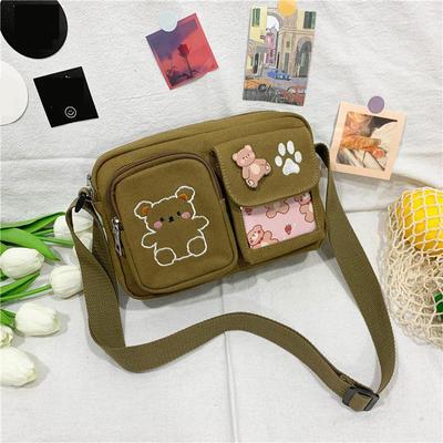 Women's Printed Messenger Canvas Bags Cute Bear Bag Sweet Student Shoulder Bag with Cartoon Designs Ladies School Bag