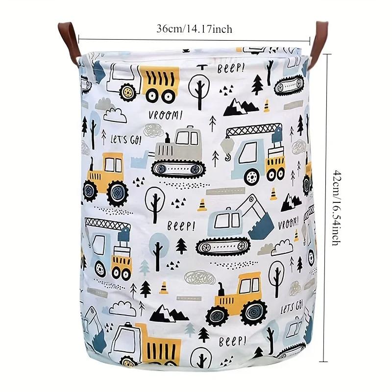 Cartoon Construction Vehicle Print Laundry Basket-Large Capacity Foldable Portable Hamper Sturdy Home Organization for Kids Room