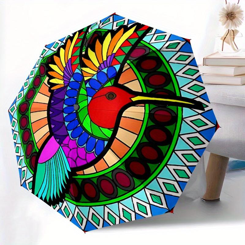 

1pc Vibrant Hummingbird Mandala Automatic Open/Close Folding Umbrella - Compact Portable Travel Umbrella with 8-Rib Durable Fr Iron&8K