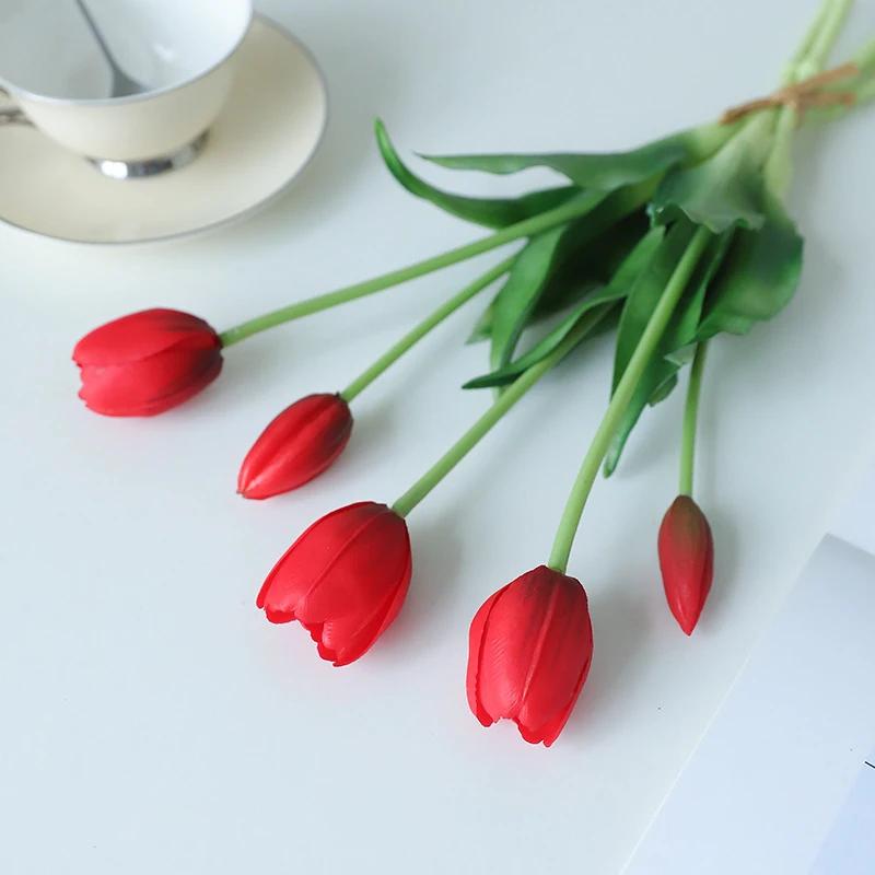2 Stück 5 Köpfe Künstliche Tulpen Blumen Real Touch Luxus Silikon Kunstblume Haus Zimmer Hochzeit Dekoration Brautstrauß