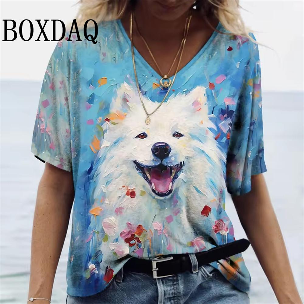 

Cartoon T-shirt Women s Short Sleeve Summer Outdoor Casual V-Neck Short Sleeve Tops Oil Painting Puppy Print Plus Size Clothing 6XL