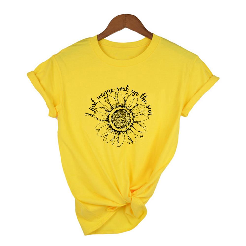Yellow Sunflower Women T Shirt Short Sleeve Summer Tshirt Femme I Just Wanna Soak Up The