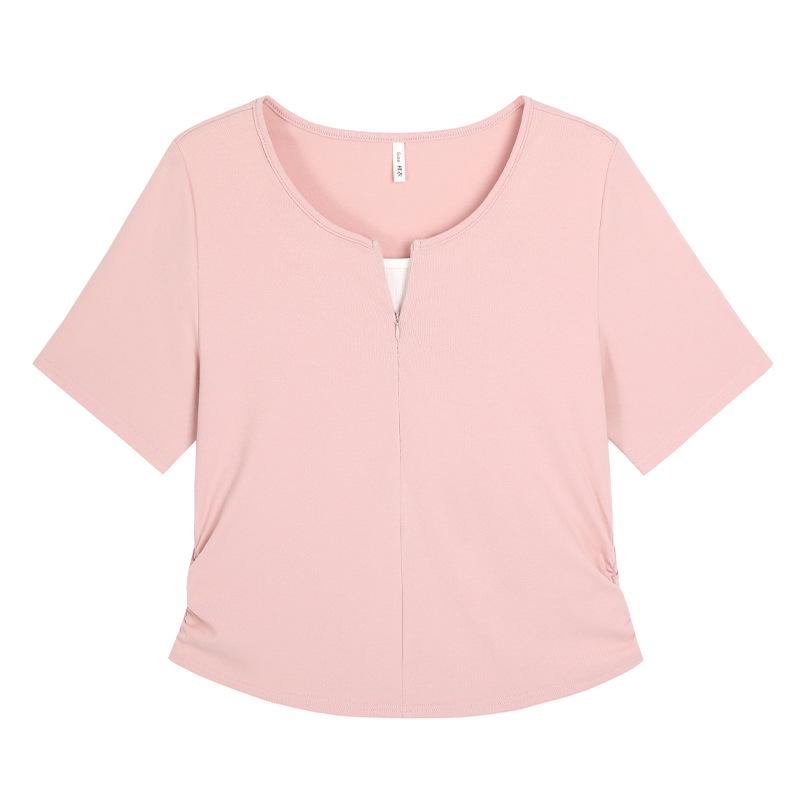 

Рубашка из двух частей с V-образным вырезом и короткими рукавами Temperament Faux для женщин - летний топ больших размеров для молодежного образа 2XL (for 140-160 jin) розовый