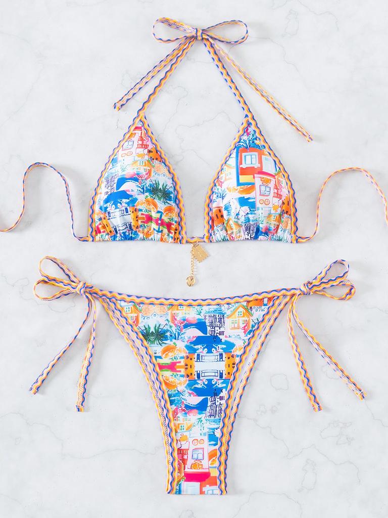 Triangle Cup Print Sexy Bikini Split Swimsuit