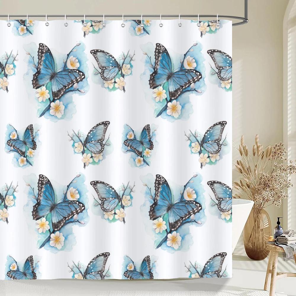 Beautiful Butterfly Shower Curtains Waterproof Fabric Colored Flowers Bath Curtain Bathroom Bathtub Decoration with Hooks
