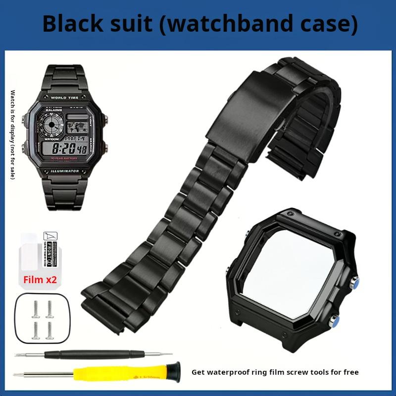 AE1200 Metal Case+strap Mod Kit For Casio Small Block AE-1200 AE-1300 Stainless Steel Strap Black Silver Watch Band Men Bracelet