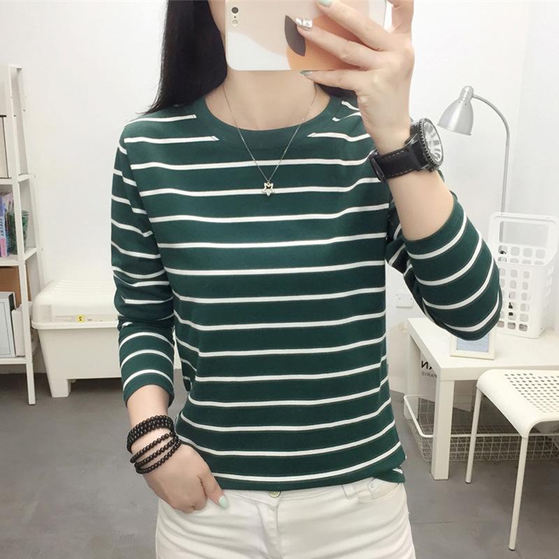 Autumn Spring Women's Plus Size Long-Sleeve Striped Cotton T-Shirt Striped Base Shirt for Outerwear