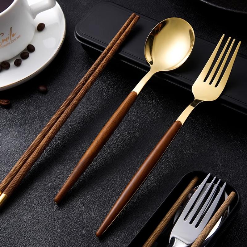 Zestaw pałeczek i łyżki, Przenośne naczynia stołowe, Pudełko do przechowywania dla studenta, Widelec, Drewniane pałeczki dla jednej osoby, Zestaw trzyczęściowy