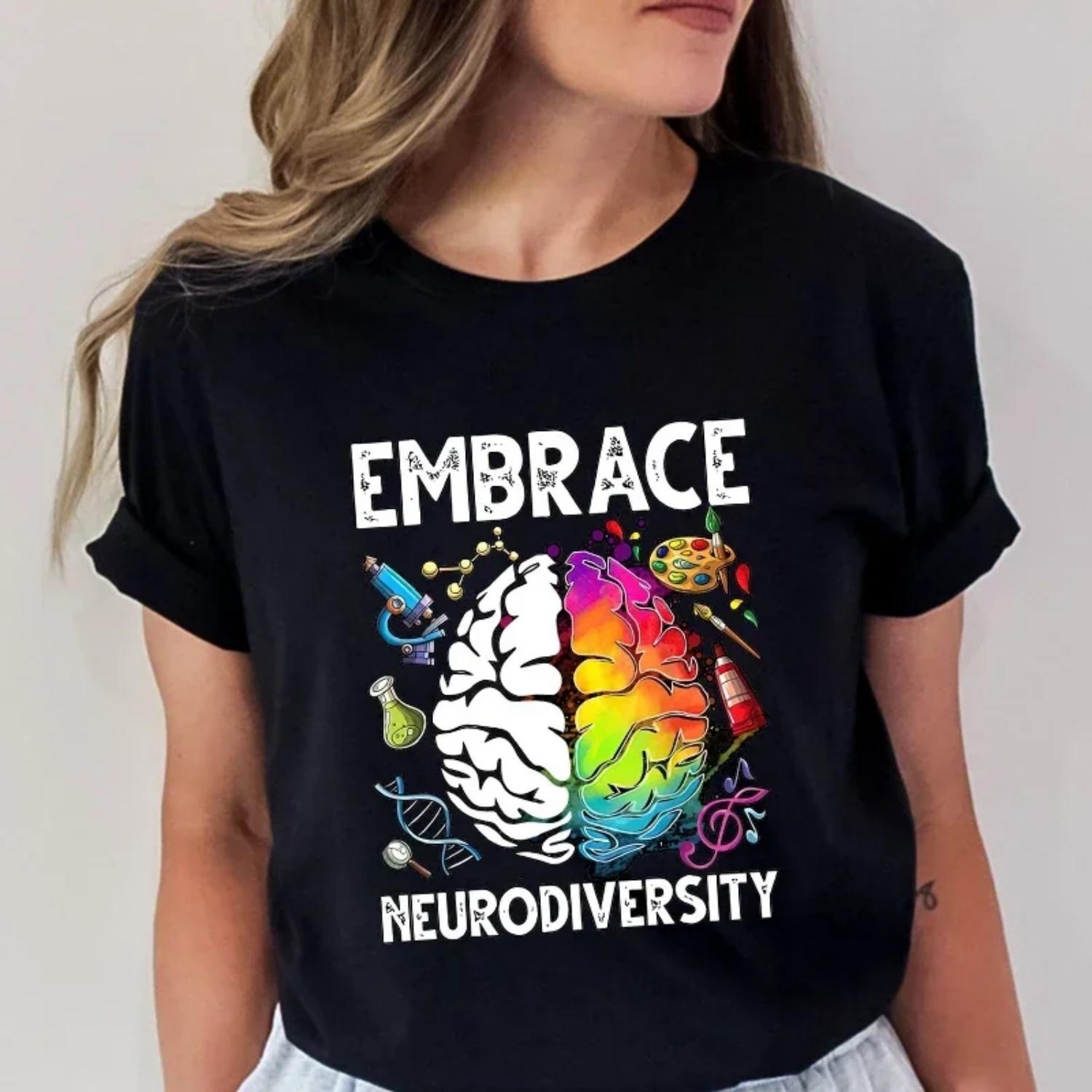

Футболка Embrace Neurodiversity для женщин, футболки с графикой мамы, осведомленность об аутизме, с коротким рукавом, больших размеров, женская футболка, одежда S чёрный