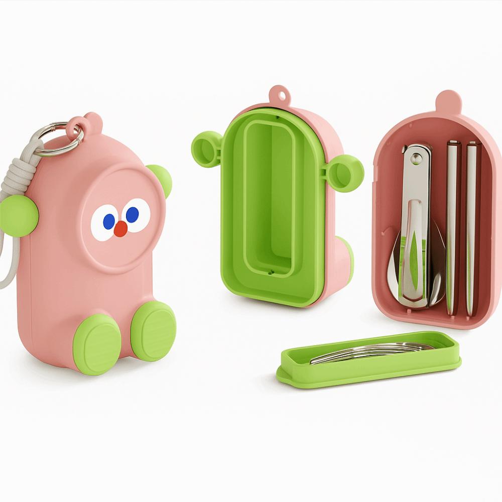 Assembled Design Children Chopsticks Spoon Dopamine Portable Cutlery Cartoon Cutlery Set Travel Style A Pink