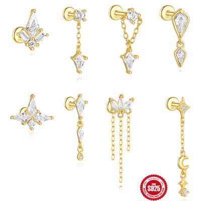 Stylish And Simple Ins Wind S925 Sterling Silver Kite Stone With Diamonds Flat Head Internal Thread Puncture Earbone Stud Female
