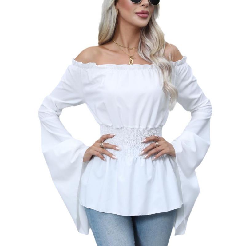 Módní Elegantní Dámská Blůza s Odkrytými Rameny Dlouhý Rukáv Plisovaná Slim Fit Elastický Pás Košile Kancelářský Streetwear Ležérní Jednoduché Sladké Jednobarevné Topy