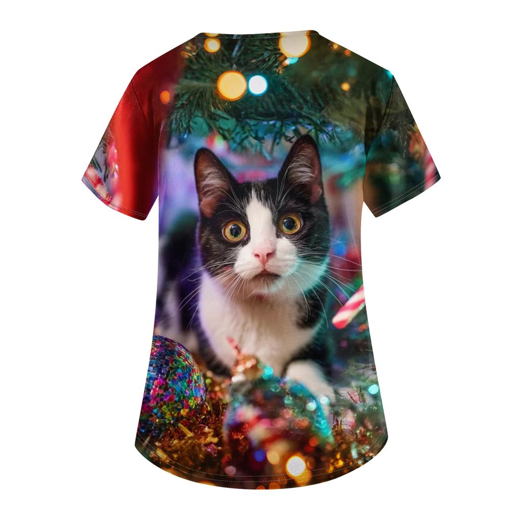 Women's V-neck Christmas printed short-sleeved pocket side-slit protective suit top