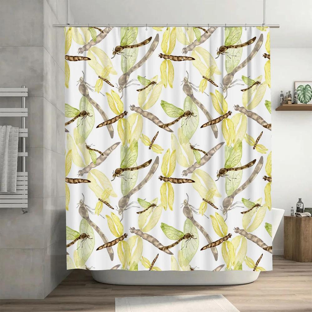 Charming Dragonflies Green Leaves Waterproof Shower Curtain for Bathroom Decor Available in Multiple Sizes