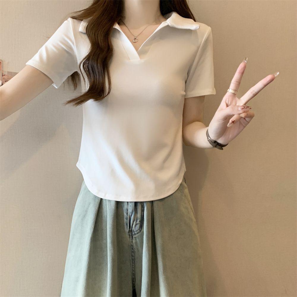 

Women s Korean Slim-Fit Polo Collar Short-Sleeve T-Shirt M чёрный