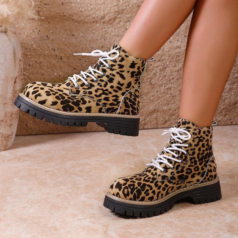 Women's Plus Size Leopard Print Combat Boots Fall New Platform Chunky Heel Lace-Up Non-Slip Fashion Boots