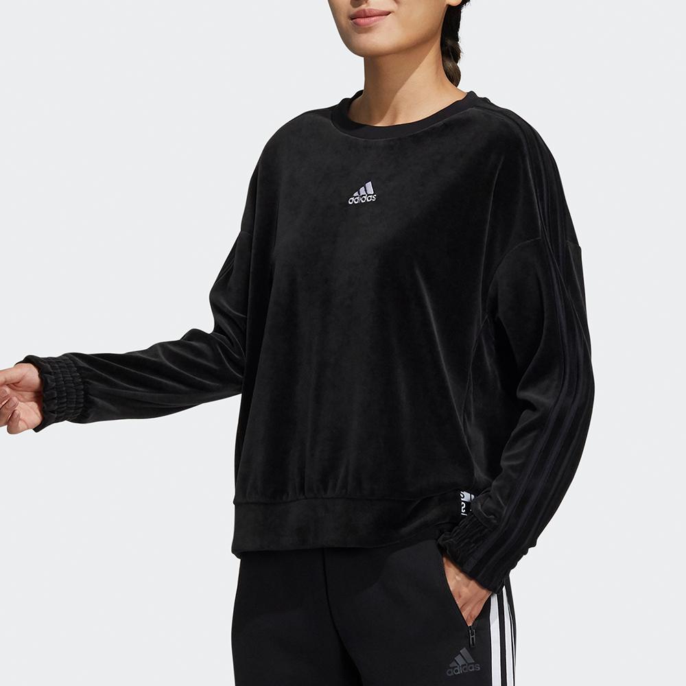 Adidas Velour Crew Neck Sweatshirt Small Logo Casual Daily Tops Women Black HG1843