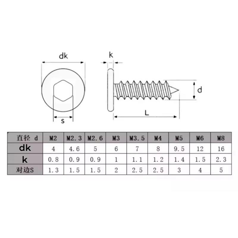 Allen Head Screw M5 M6 M8 Black 304 Stainless Steel Super Ultra-Thin Hex Socket Flat Head Self-Tapping Wood Screws L:10-80mm