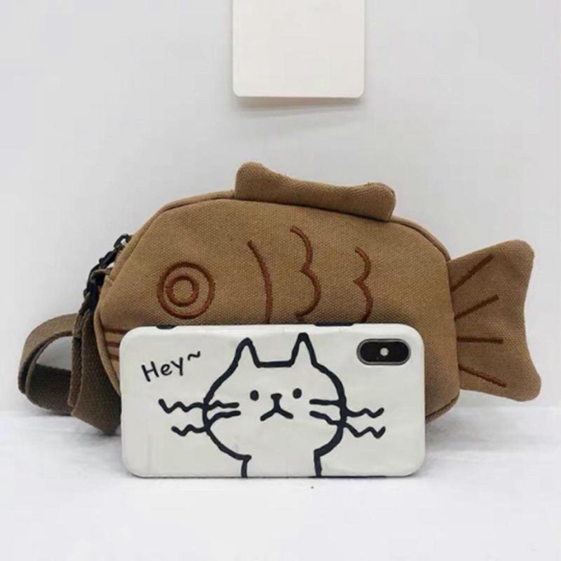 Cute Fish Shape Canvas Shoulder Bags Crossbody Fanny Pack Outdoors Sport Waist Bag Zipper Purse Student Phone Bag