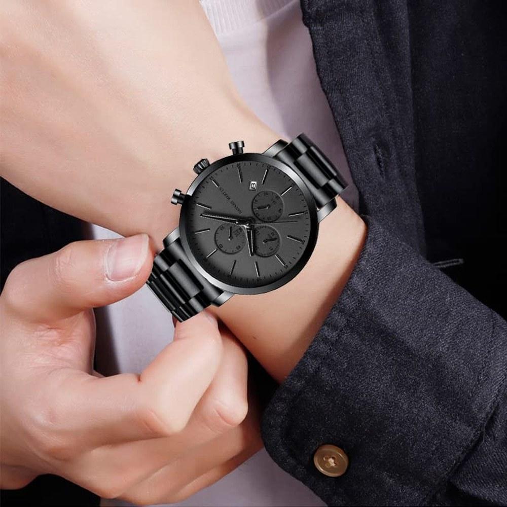 Hannah Martin Men's Stainless Steel Waterproof Analog Quartz Business Chronograph Watch Black