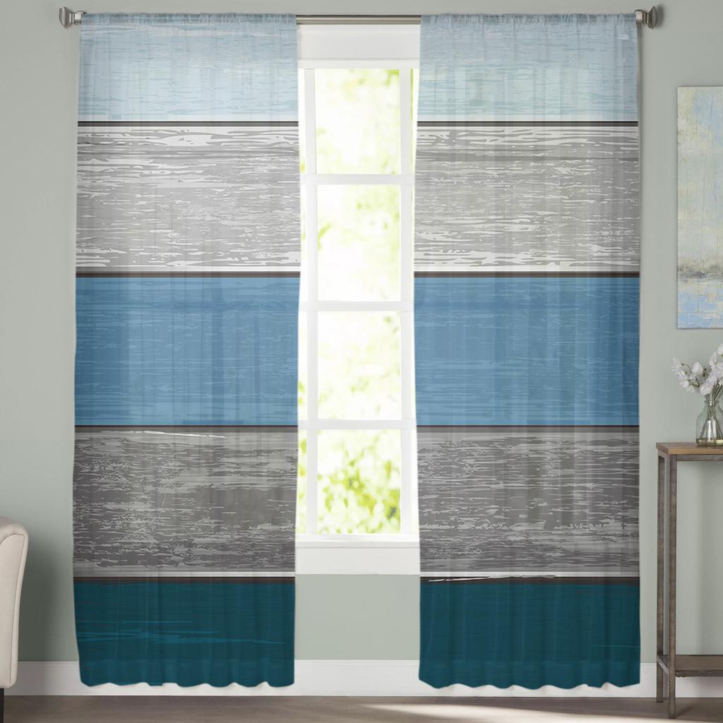 Retro Farm Barn Blue Gray Striped Gradient Sheer Curtains for Living Room Tulle for Windows Voile Yarn Short Bedroom Curtains