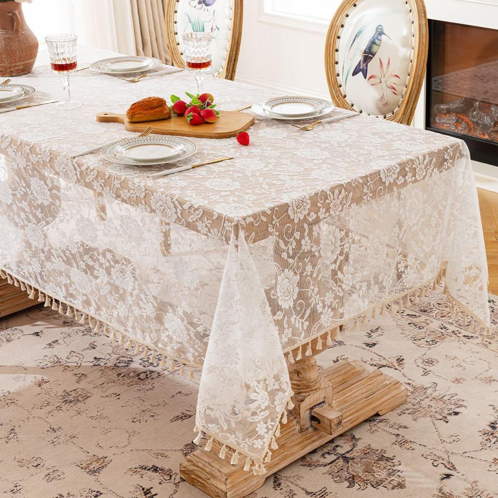 Rose Lace Tablecloth – Lightly Luxurious and Romantic Photo Backdrop / Decorative Cloth – Rectangular Cover for Coffee Tables and Nightstands