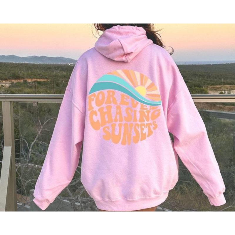 Forever Chasing the Sunset Print Kangaroo Pocket Drawstring Hooded Women's Fleece Sweater