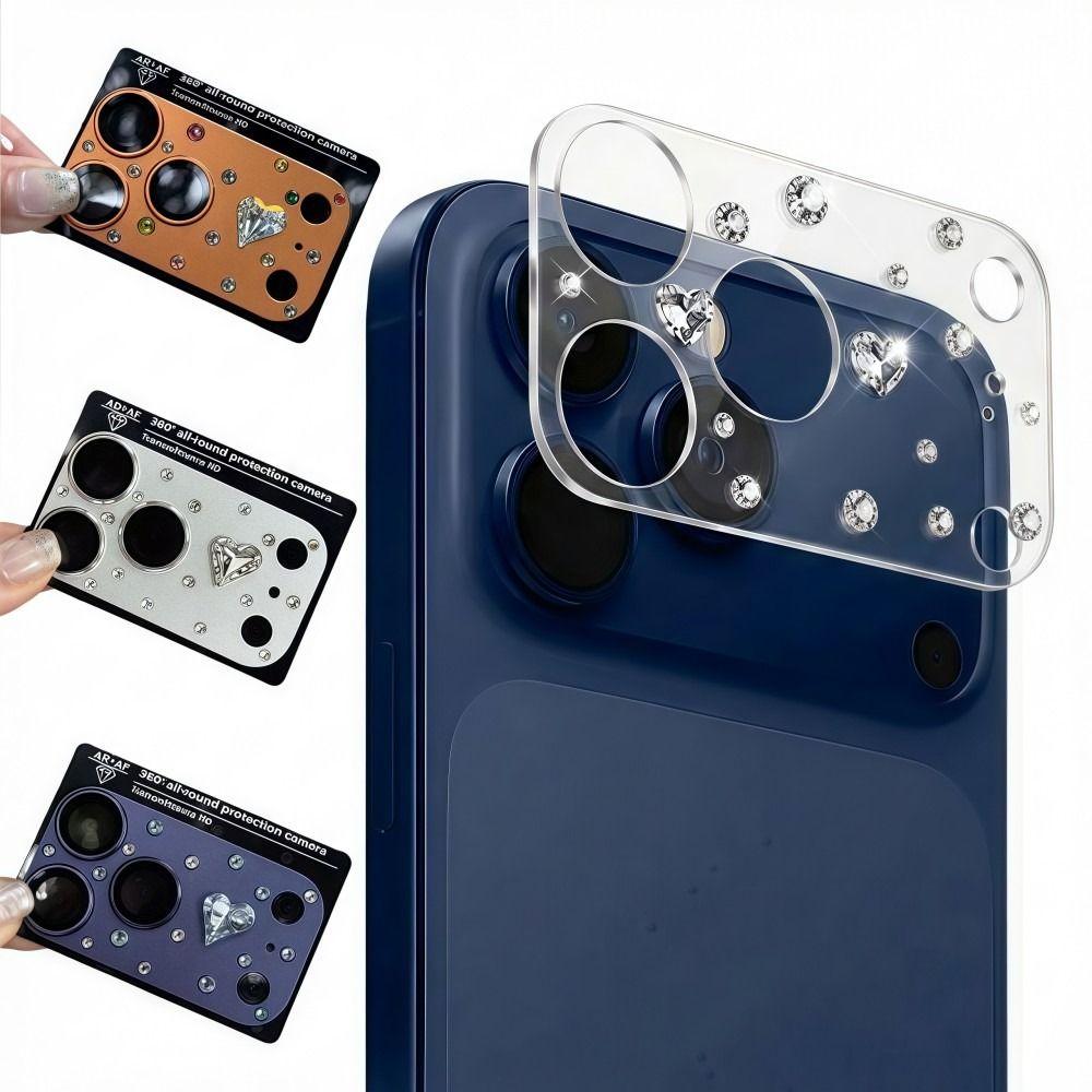 Diamond 3D Heart Glass Camera Protector Clear HD Anti Scratch Lens Film Full Cover Shockproof for iPhone 17 Pro Max 17Pro