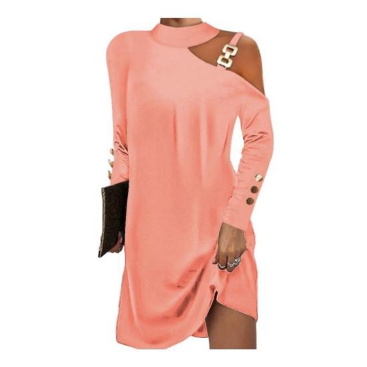 

One Shoulder Halter Neck Mini Dress Women Long Sleeve Solid Color Loose Chain Decor Above Knee Length Soft Breathable Dress 3XL рожевий